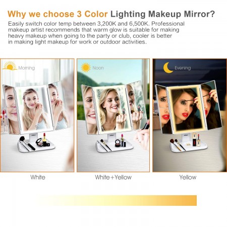 Makeup Vanity Mirror with Lights, AirExpect 72 LEDs Trifold Makeup Mirror with 3-Color Lights, 1X/2X/3X Magnifications, Touch Panel, and Dual Power Supply, Portable HD Cosmetic Lighted Mirror 